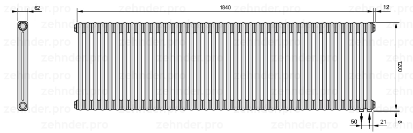 Схема (чертеж) Радиатор Zehnder Charleston 2120/40 №5510 Белый глянцевый RAL 9016